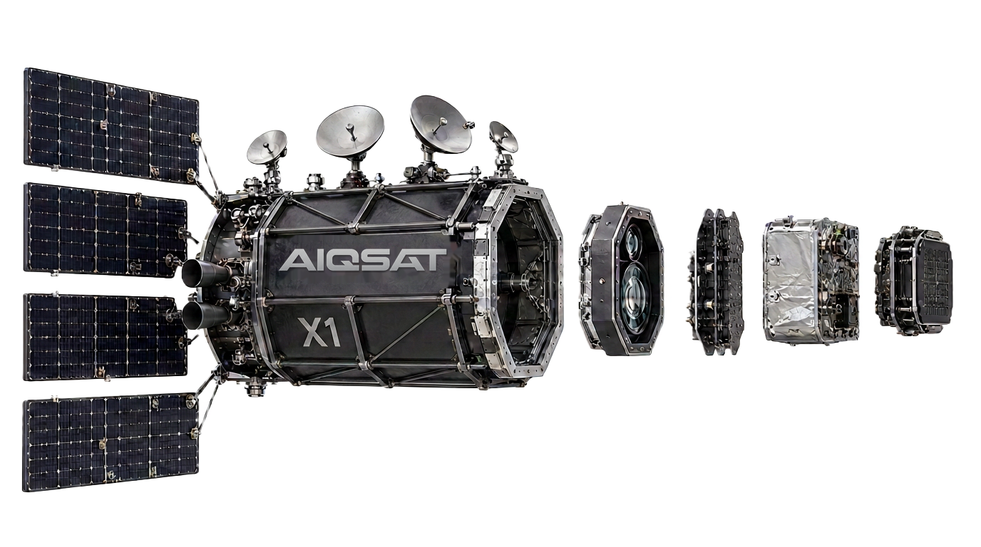 Exploded technical view of the AIQSAT X1 spacecraft in orbit