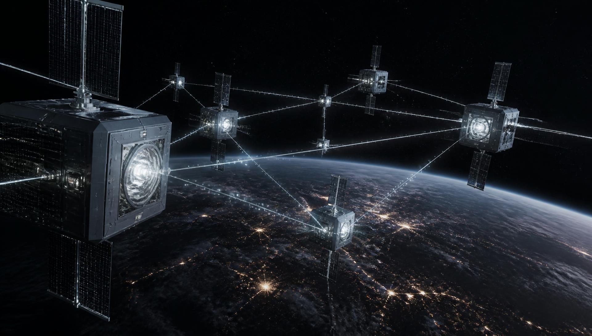 Networked satellite constellation in low Earth orbit above the night side of Earth