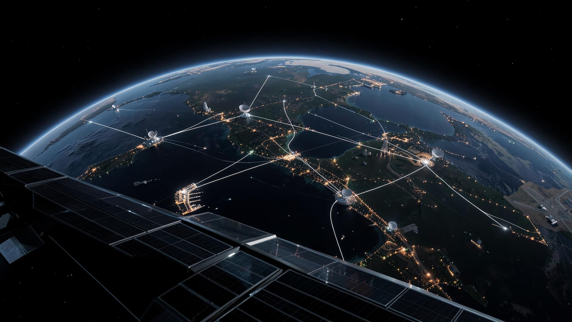 Earth at night seen from orbit, with satellites linked to illuminated ground stations