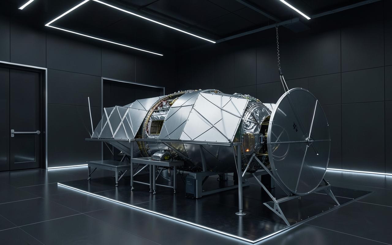 Modern satellite with silver panels being assembled in a dark aerospace clean-room