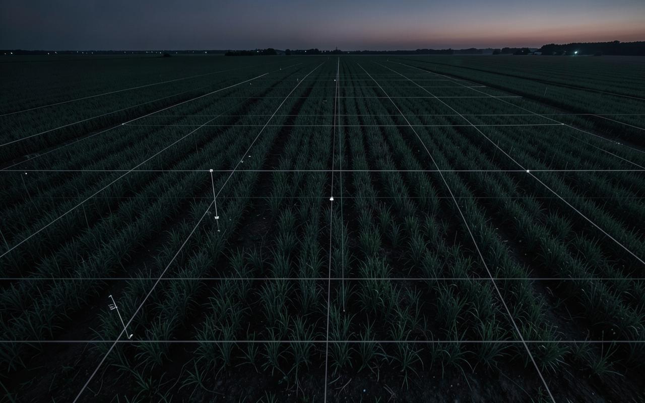 Farmland fields at dusk overlaid with a silver satellite analysis grid and measurement points