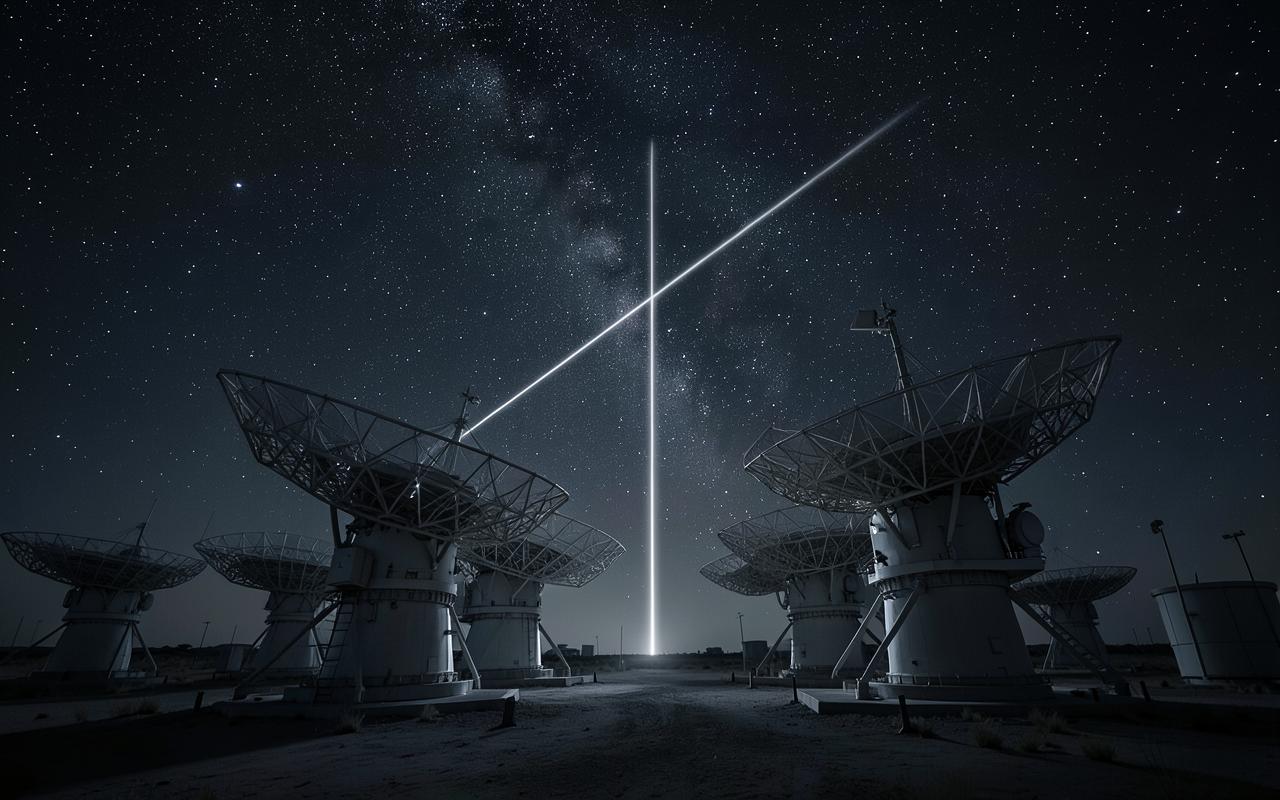 Satellite ground station antennas at night with a thin silver quantum uplink beam into the starry sky