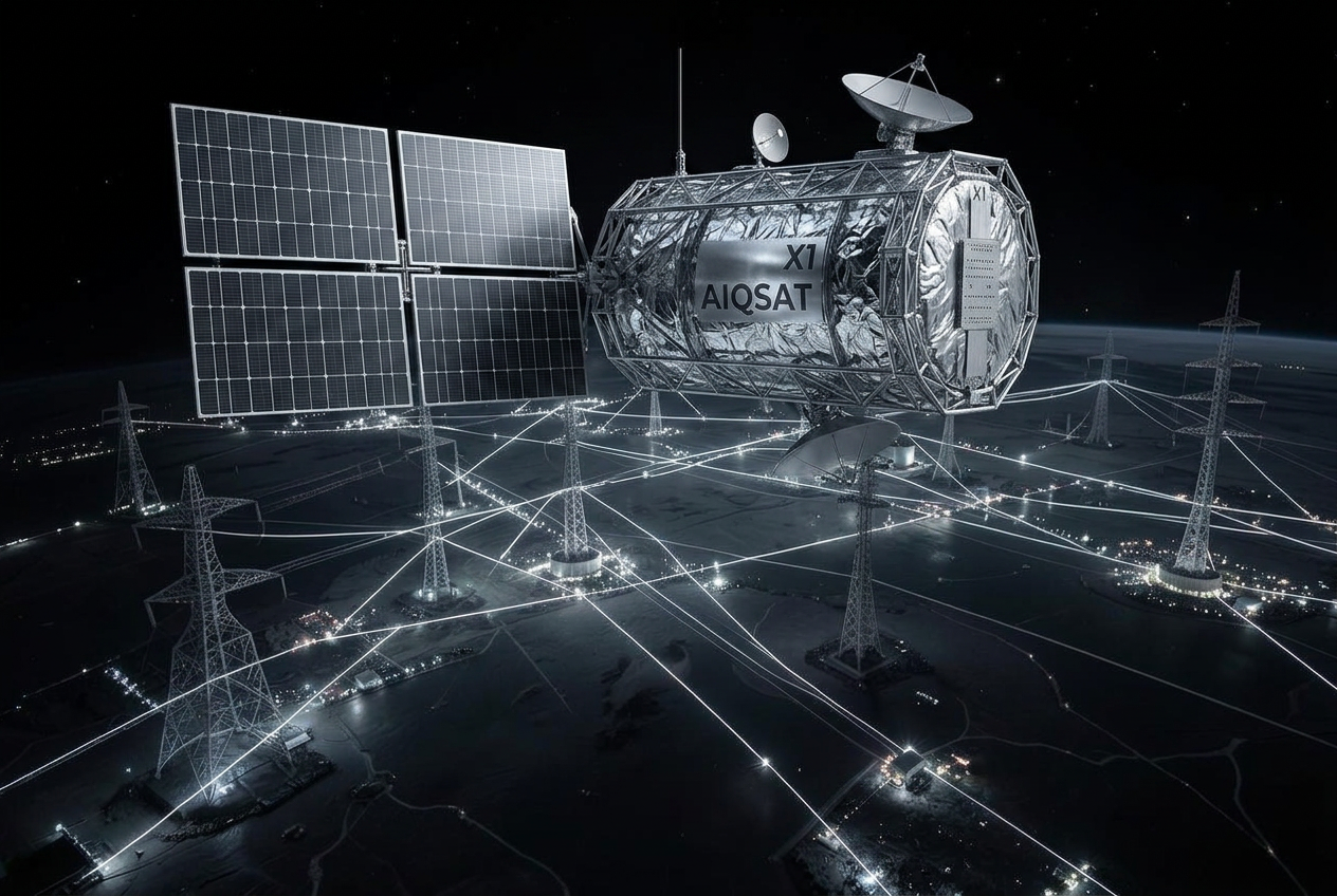 AIQSAT X1 satellite with silver foil body, solar panels and dish antennas monitoring a glowing electricity grid at night from orbit