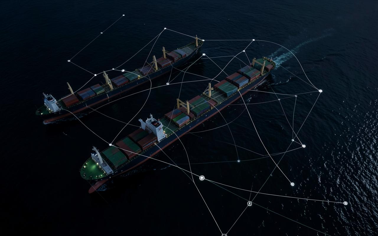 Cargo ships on a dark ocean at night connected by silver satellite tracking lines