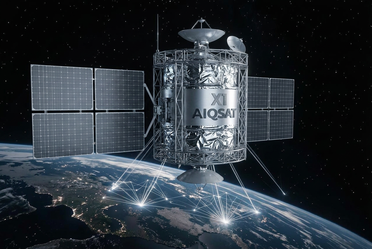 AIQSAT X1 satellite with silver foil body, solar panels and dish antennas beaming laser data links to network nodes on Earth at night
