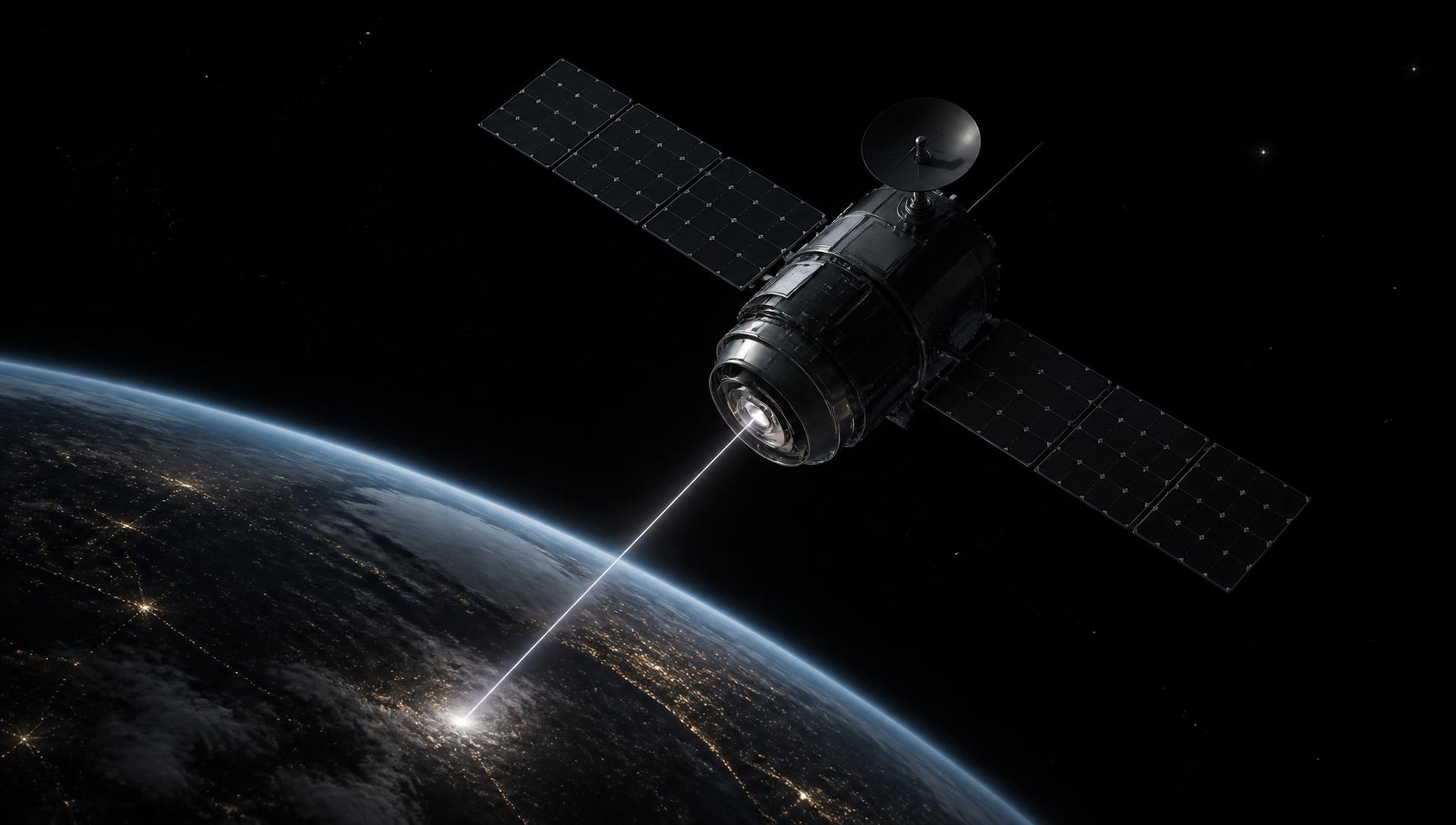 Satellite with solar panels orbiting Earth against a starfield