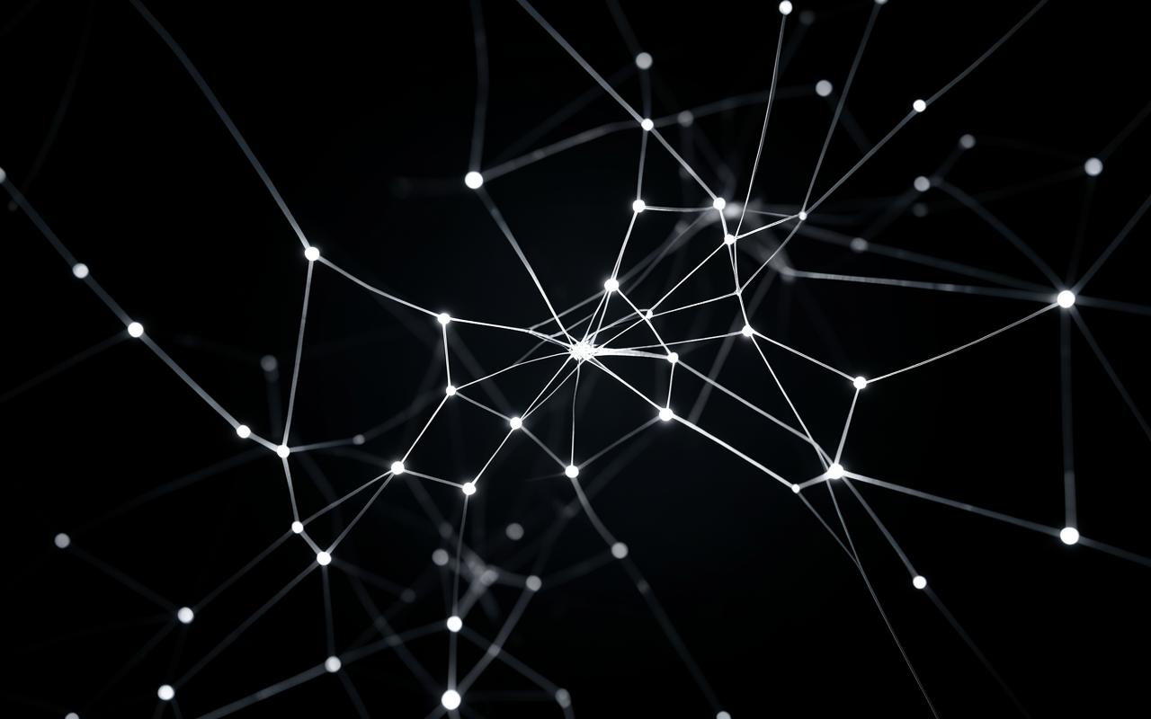 Abstract neural network of glowing nodes on a black background