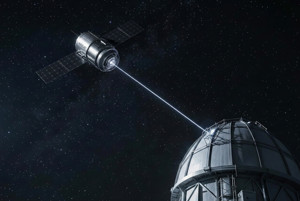 Satellite sending a laser beam to an optical ground station dome at night